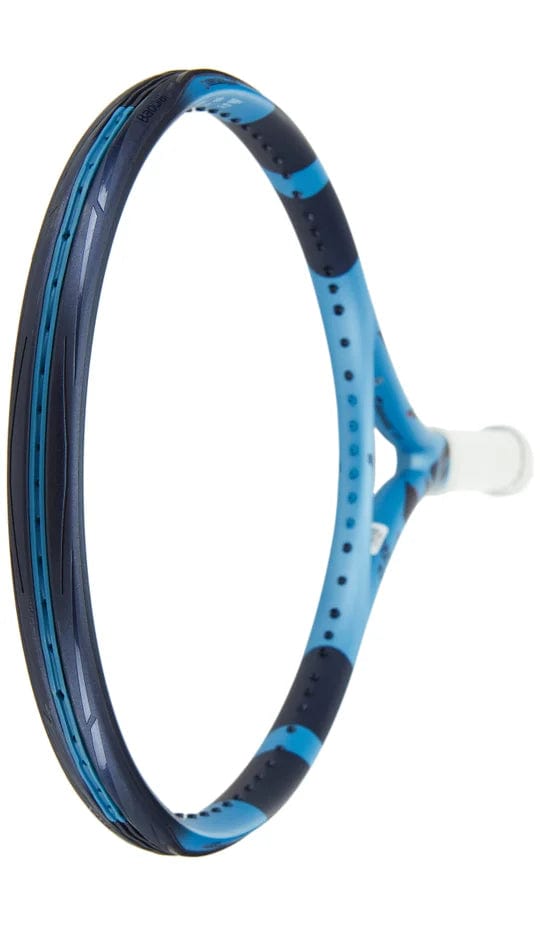 Close-up of a Babolat Pure Drive Team 2025 Tennis Racket in blue, viewed obliquely. The unstrung lightweight frame has a sleek design with multiple threading holes, highlighting its effortless power.