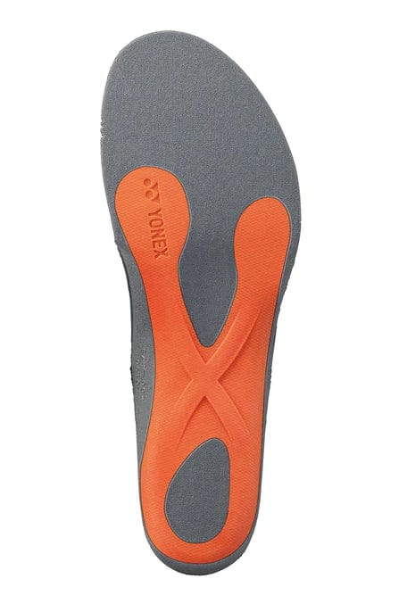 Orthopedic insole featuring a gray base with orange X-patterned cushioning and the "Yonex" logo on the heel, this Yonex AC196 Power Cushion Agility Insole offers exceptional support and comfort with its advanced Power Cushion technology.