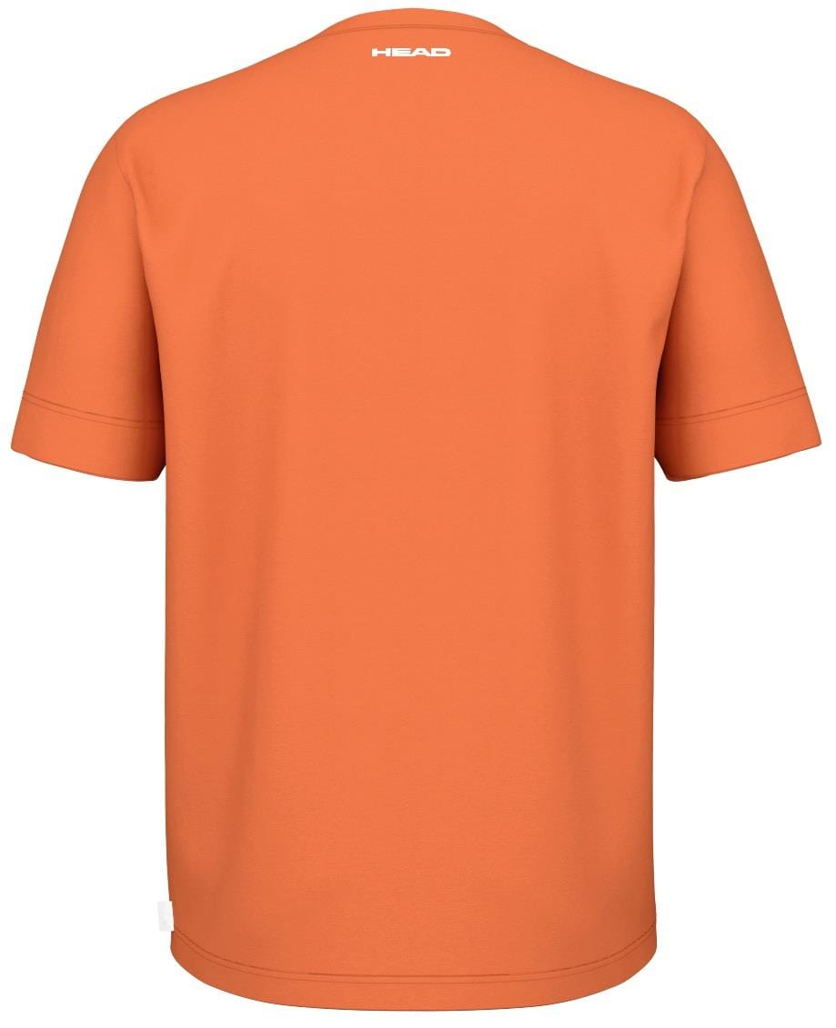 The HEAD Slice II Mens Tennis T-Shirt - CN, by HEAD, is an orange short-sleeve shirt made from polyester interlock fabric with a small white logo near the back neckline, ensuring comfort and style.