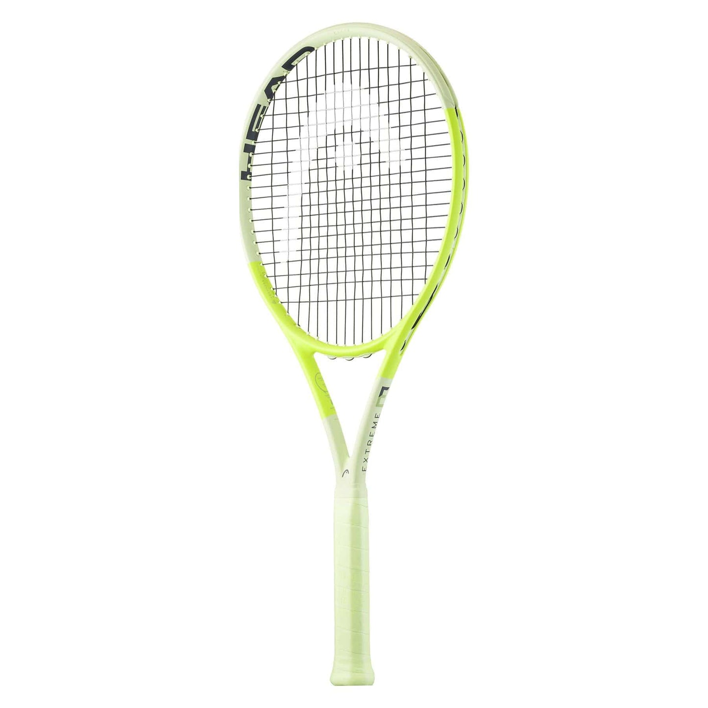 The green tennis racket from HEAD Extreme Elite 2024, showcasing the HEAD logo on the head, boasts a black string pattern for extreme spin. Its slightly curved frame with Auxetic 2.0 technology enhances performance, while the textured grip ensures improved handling against a plain white backdrop.