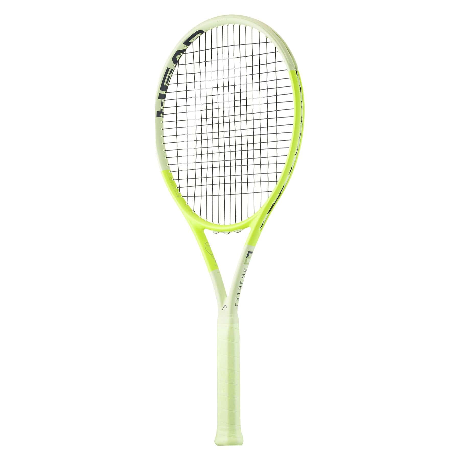 The green tennis racket from HEAD Extreme Elite 2024, showcasing the HEAD logo on the head, boasts a black string pattern for extreme spin. Its slightly curved frame with Auxetic 2.0 technology enhances performance, while the textured grip ensures improved handling against a plain white backdrop.