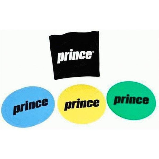 A set of three vibrant circular tennis ball dampeners in blue, yellow, and green featuring the "Prince" label is showcased beneath a black non-slip carrying pouch adorned with the word "Prince" in white. These dampeners are perfect for boosting performance during Prince Play & Stay sessions.