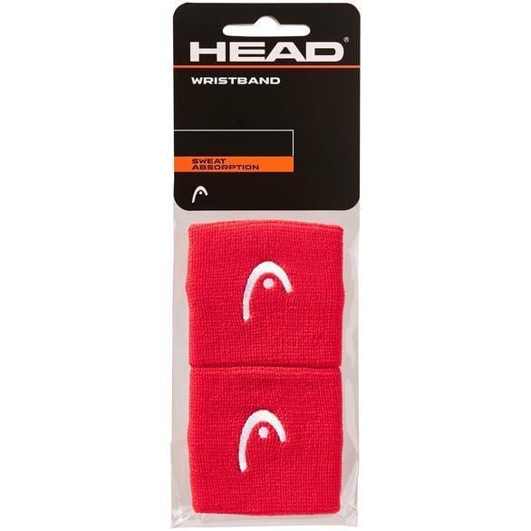 Set of HEAD 2.5" Tennis Wristbands in red, with white logo embroidery, emphasizing "sweat absorption" on the label. The package contains two wristbands.