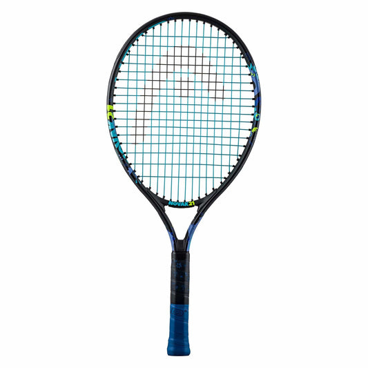 The HEAD Novak 21 Junior Tennis Racket - Black / Blue features a stylish black frame with turquoise strings and a blue handle. The HEAD logo is prominently displayed on the strings, complemented by yellow accents near the top. It also includes a Damp+ insert for vibration control, providing a robust and well-cushioned grip.