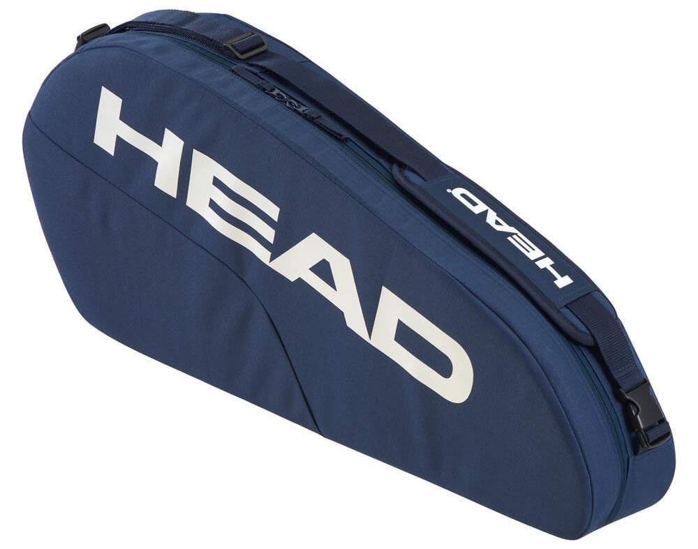 A blue HEAD BASE 3 Racket Tennis Bag S - NV with bold white "HEAD" lettering. It includes a zipper and adjustable shoulder straps, offering reinforced durability for both on-court and off-court use.