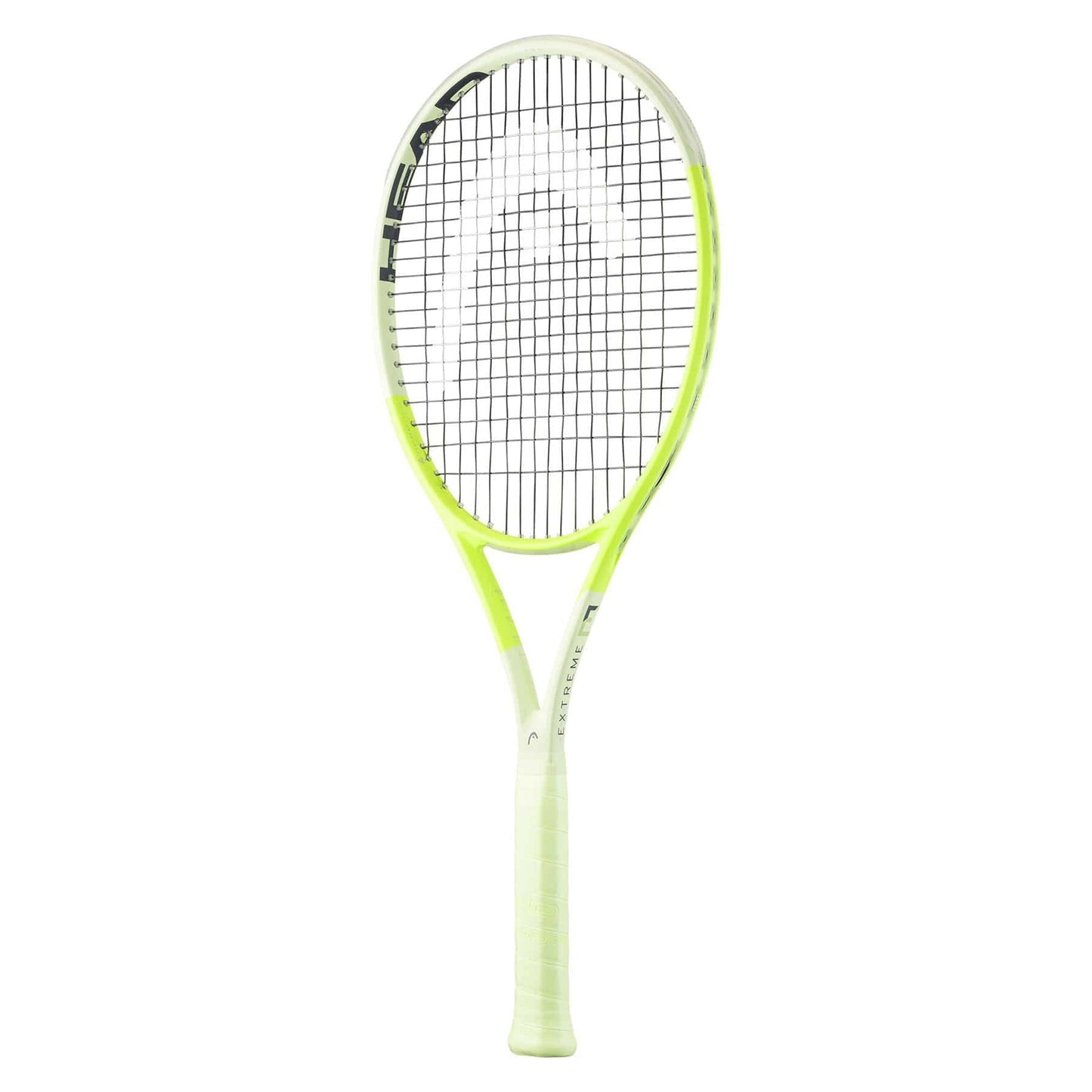 The HEAD Extreme Pro 2024 Tennis Racket showcases a sleek design with a vibrant green frame, enhanced by Auxetic 2.0 technology for exceptional spin control. It features a black and white string pattern, has a handle wrapped in white grip tape, and the upper part prominently displays the logo design.