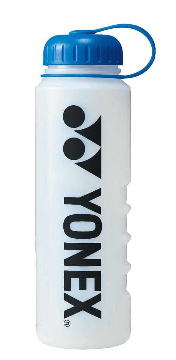 Introducing the Yonex AC589 Sports Bottle - Blue: a stylish white bottle with a blue screw-on lid and a handy carrying loop. The vertical black Yonex logo adds a touch of elegance while ensuring you stay hydrated, making it an ideal choice for athletes committed to maintaining optimal hydration.