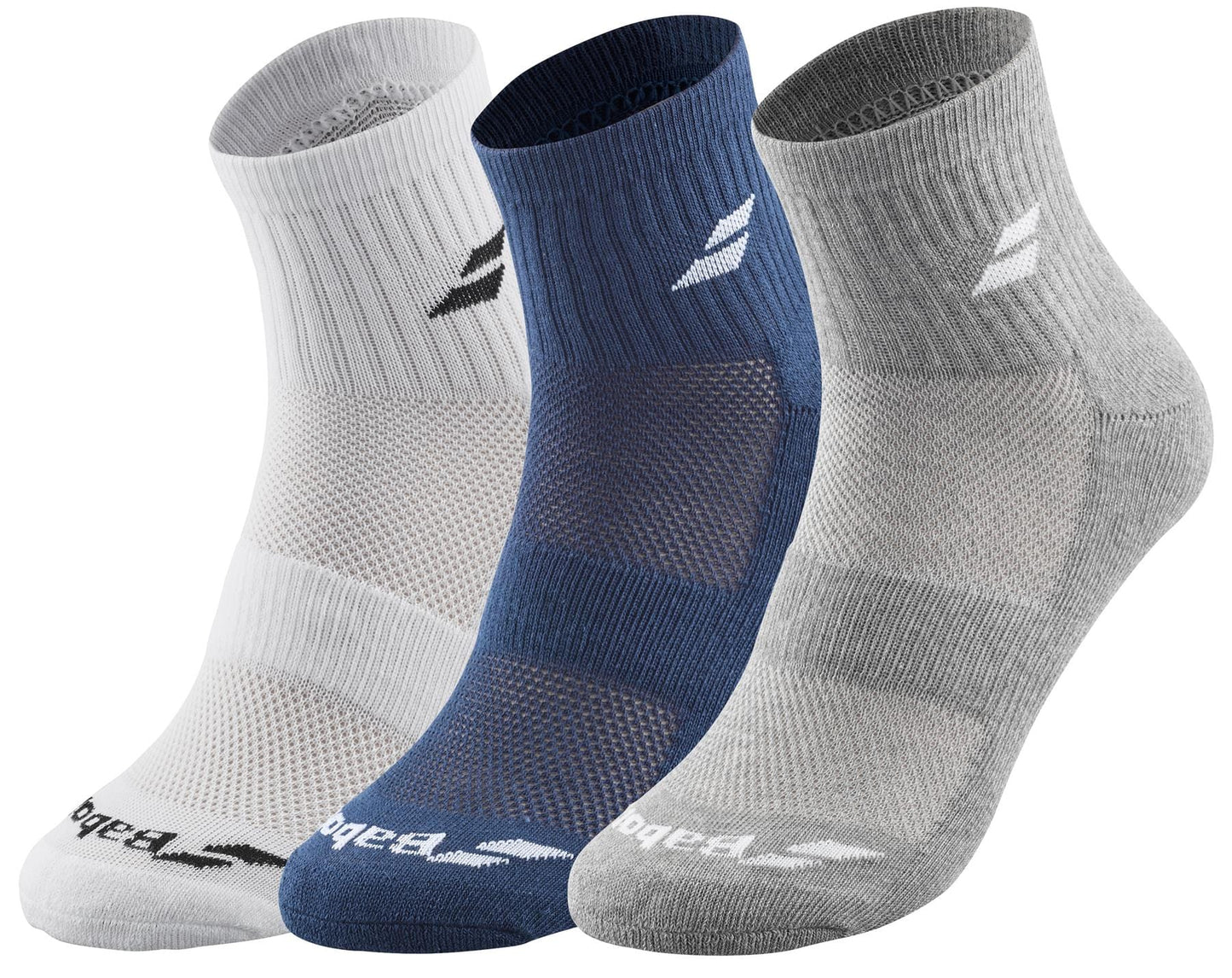 Displayed are three pairs of Babolat Quarter Tennis Socks. Available in white, blue, and gray, these socks are specifically designed for tennis with a logo near the top and ventilated zones around the foot area to enhance breathability and support.