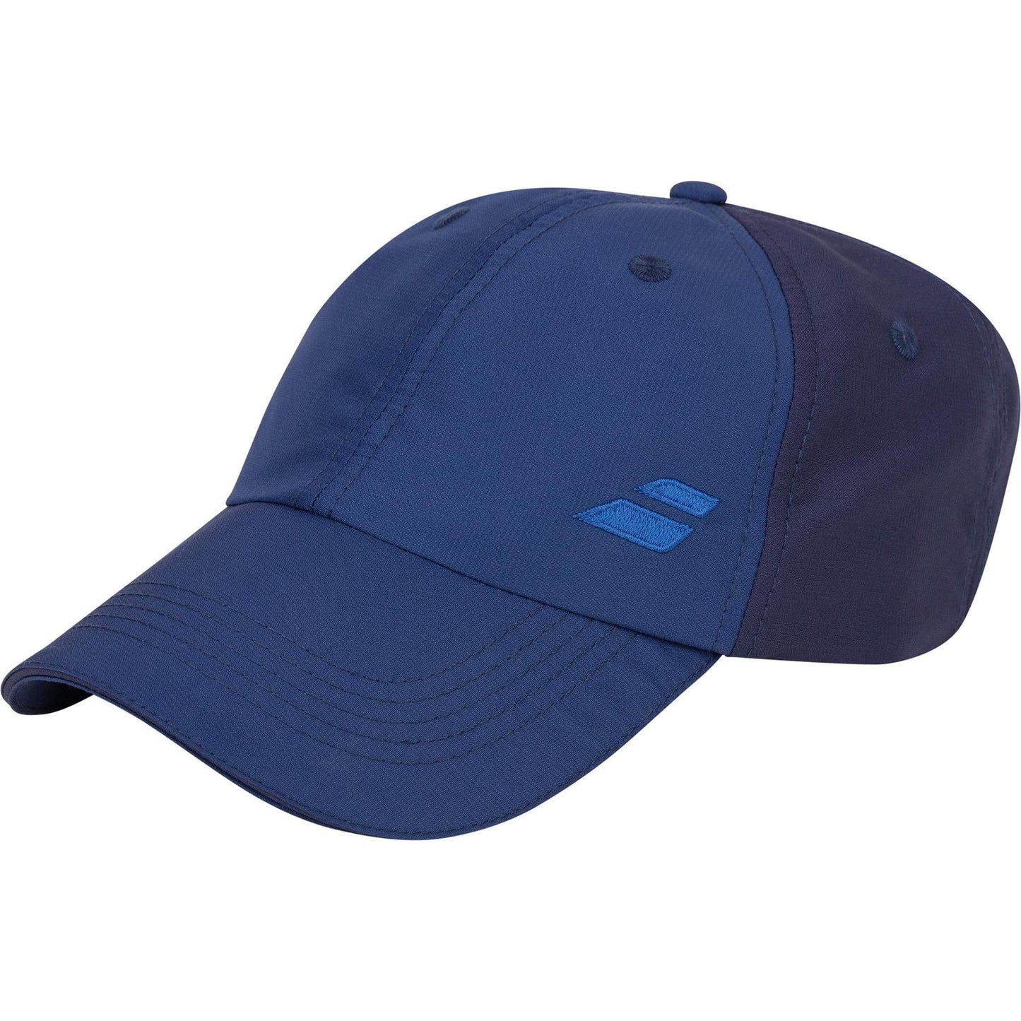 The Babolat Basic Logo Cap - Estate Blue by Babolat showcases a blue design with a curved brim and a small blue logo on the front. Made from polyester, it provides excellent sweat absorption for comfort during your game.