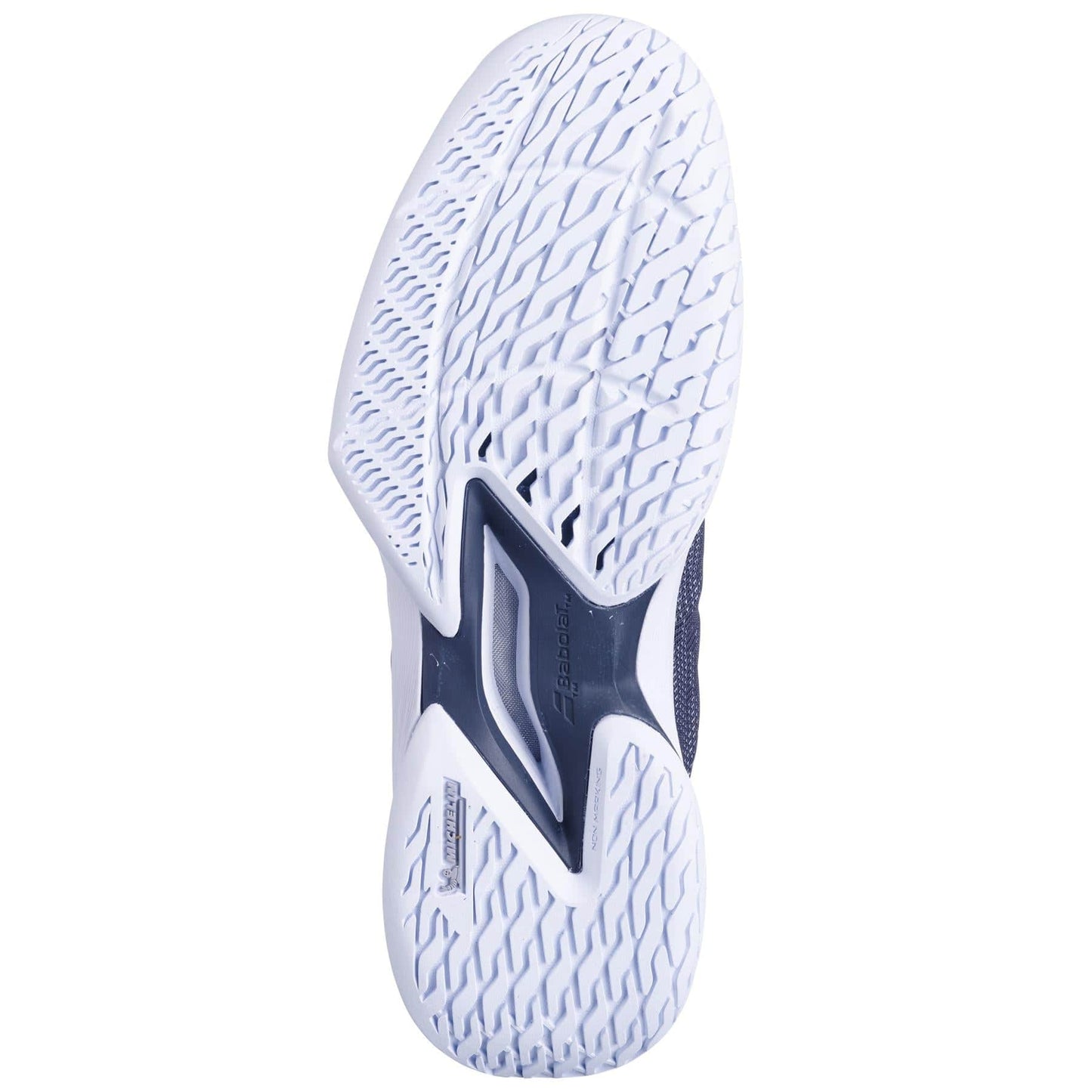 The image shows the sole of a sneaker designed for comfort and stability, featuring a wavy white pattern for traction, a central groove, and the Reebok logo. It resembles the ultra-lightweight Babolat Jet Tere 2 2024 Women's Tennis Shoes in Queen Jio Grey.