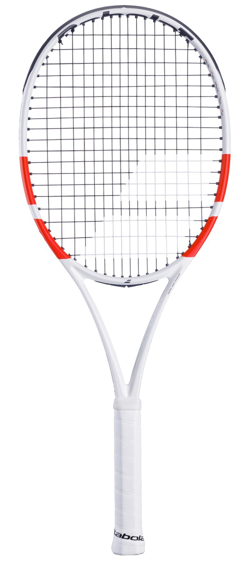 The Babolat Pure Strike 100 Gen4 Tennis Racket in white, red, and black features NF2 Tech and offers exceptional control and feel with its string pattern, making it perfect for tennis.
