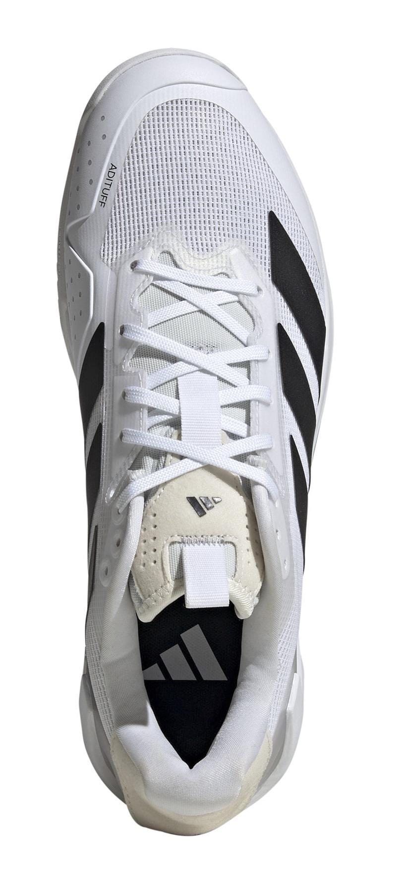 Aerial view of the ADIDAS Adizero Ubersonic 5 men's tennis shoe highlights black stripes on its mesh upper. This white adidas shoe features a laced closure, Lightstrike midsole, and logos on the tongue and inner sole.