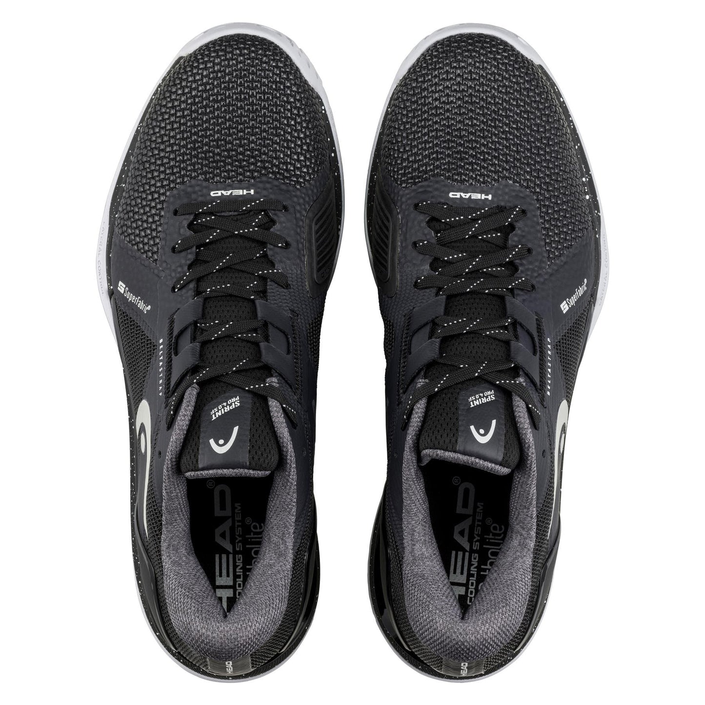 The HEAD Sprint Pro 4.0 SF Men's Tennis Shoes feature black mesh and SuperFabric material with black laces, visible logos, and a textured design, offering a sleek athletic appearance from the top view.