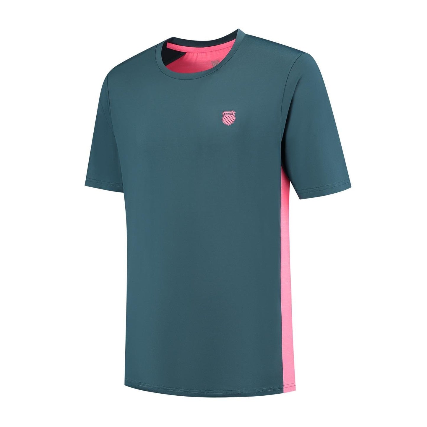 The K-Swiss Hypercourt Mix Melange Men's Tennis T-Shirt in Stargazer/Pink features breathable materials, short sleeves, and a small logo on the chest. The interior neckline has a pink accent, while its smooth and slightly stretchy fabric offers optimal comfort.