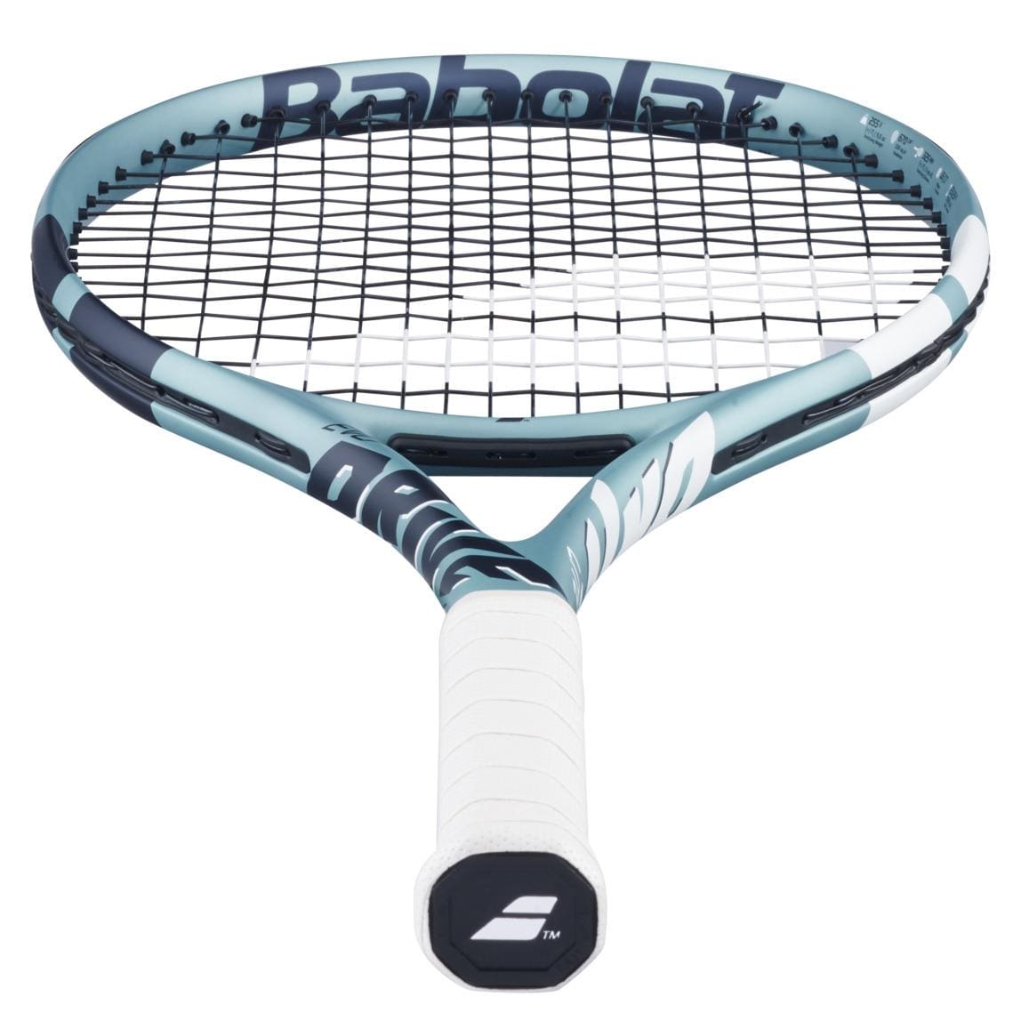 The Babolat EVO Drive Lite Gen 2 Tennis Racket in blue has a black and white color scheme with an Air Handle Touch, brand logo on the end, tightly woven strings, and a sleek modern frame.