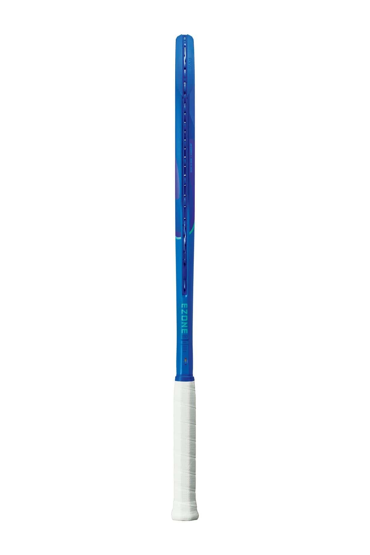 The Yonex EZONE 100 2025 Tennis Racket - Blast Blue is shown vertically with its blue frame and white grip against a plain white background, featuring innovative Vibration Dampening Mesh for maximum swing comfort.