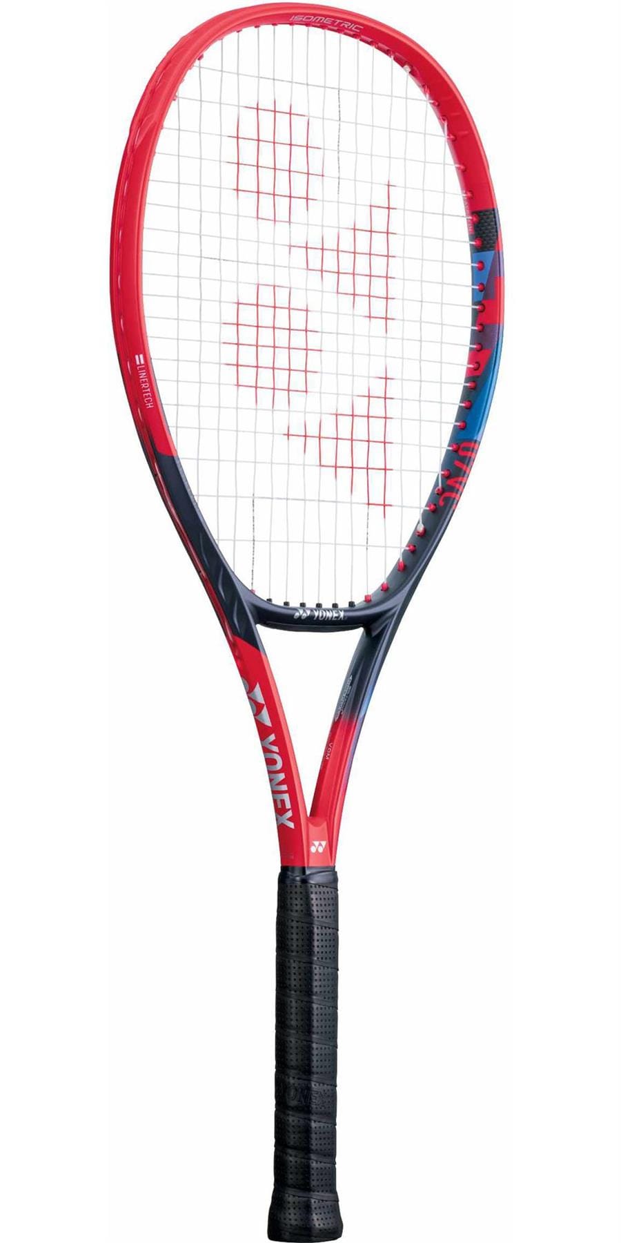 The Yonex VCORE Feel 2023 Tennis Racket - Scarlet (Frame Only) by Yonex is a lightweight racket with a sleek and modern design. It features a red color scheme and exhibits the brand's distinctive logo on the strings. Its rounded head shape and crisscross string pattern are optimized to enhance spin and speed, making it suitable for professional players.