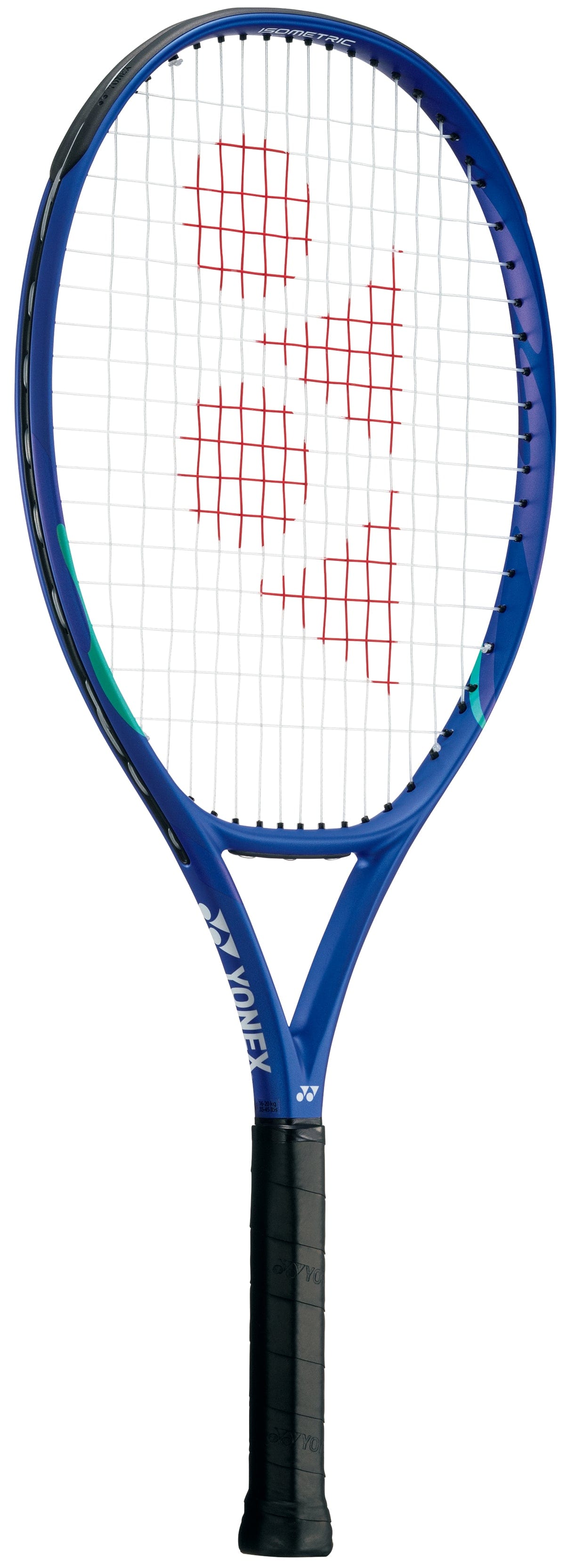 The Yonex EZONE 24 Junior Hybrid 2025 Tennis Racket in Blast Blue features a black grip, white strings, and a red "YY" logo at the center—making it the perfect kids’ graphite tennis racket.