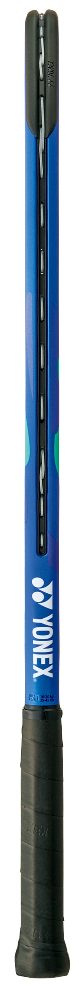 Close-up of a Yonex EZONE 24 Junior Hybrid 2025 Tennis Racket - Blast Blue handle, featuring a black grip and visible white strings. The Yonex logo and text are displayed on the shaft above the grip.