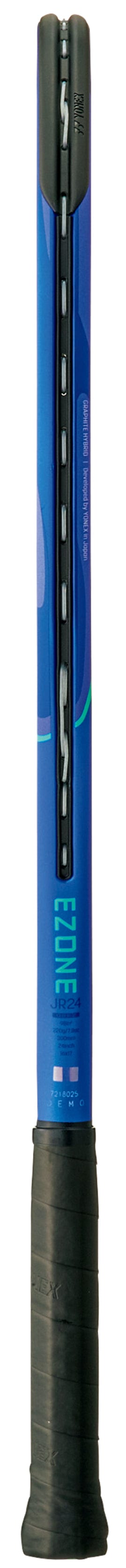 A Yonex EZONE 24 Junior Hybrid 2025 Tennis Racket in Blast Blue with black strings and grip, displayed vertically with the handle at the bottom and the head at the top.