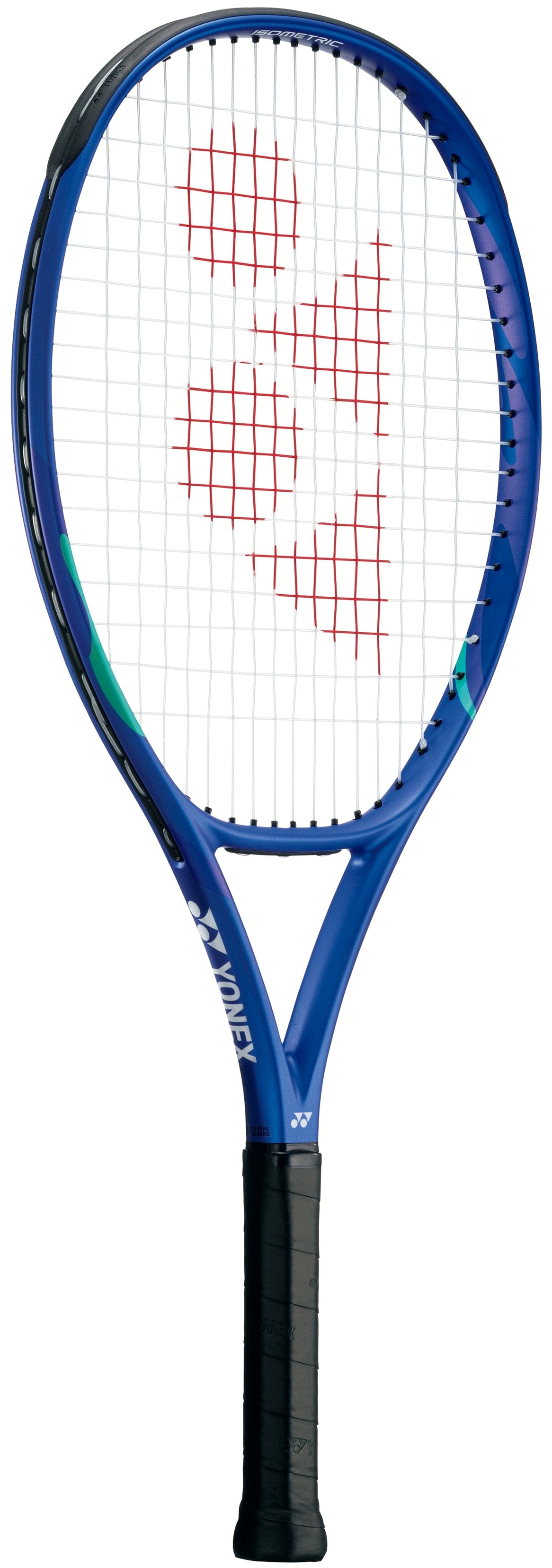 The Yonex EZONE 25 Junior Hybrid 2025 Tennis Racket in Blast Blue, featuring white strings, a black grip, and red string design, is displayed against a white background.
