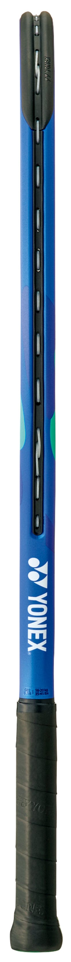 A close-up of the Yonex EZONE 25 Junior Hybrid 2025 Tennis Racket - Blast Blue shows its black grip, vertical string channel, and part of the Yonex logo—a great graphite option for young players.