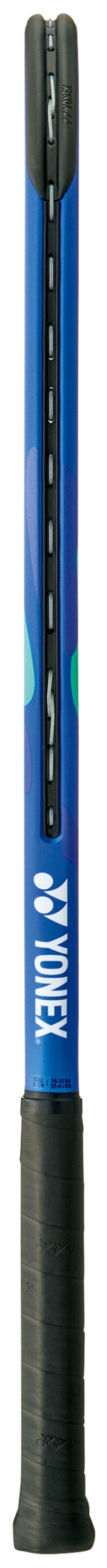 Close-up of the Yonex EZONE 26 Junior Hybrid 2025 Tennis Racket - Blast Blue handle, featuring a black grip and "TOUR" in white on the shaft. This Yonex kids’ racket showcases blue with green and purple accents for a bold look.