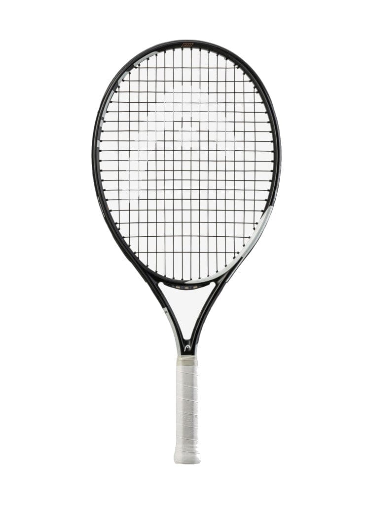 The HEAD IG Speed Junior 23 Tennis Racket, presented on a plain white background, features a sleek white and black design with complementary white strings and grip. Crafted from lightweight graphite, this junior racket incorporates Innegra Technology for improved stability and performance.