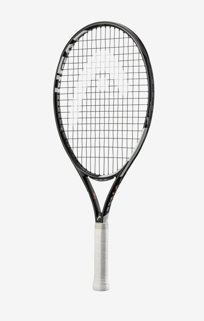 The HEAD IG Speed Junior 23 Tennis Racket in white and black is showcased against a simple white background. This junior racket features a lightweight graphite frame integrated with Innegra Technology, offering a sleek, contemporary design and a tightly woven string pattern for optimal performance.