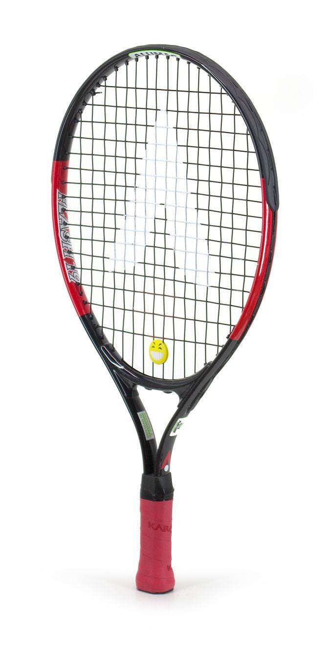 A close-up of the Karakal Flash 19 Junior Tennis Racket in black and red shows the strings arranged in a geometric pattern. The handle is wrapped with red grip tape and includes a small yellow logo near the top of the string bed. Constructed from 7050 Alumag Alloy, this racket by Karakal is crafted for precision and power on the court.