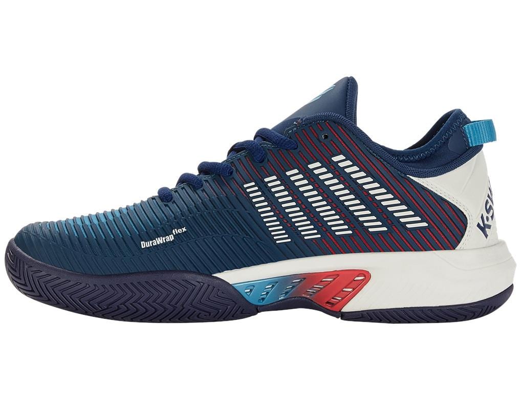 A side view of the K-Swiss Hypercourt Supreme men's tennis shoes highlights its blue opal design with white and lollipop red accents. The shoe sports a textured sole and a combination of striped patterns. A pull tab is evident at the heel, while the brand name is partially visible on the side, complementing its sleek profile.