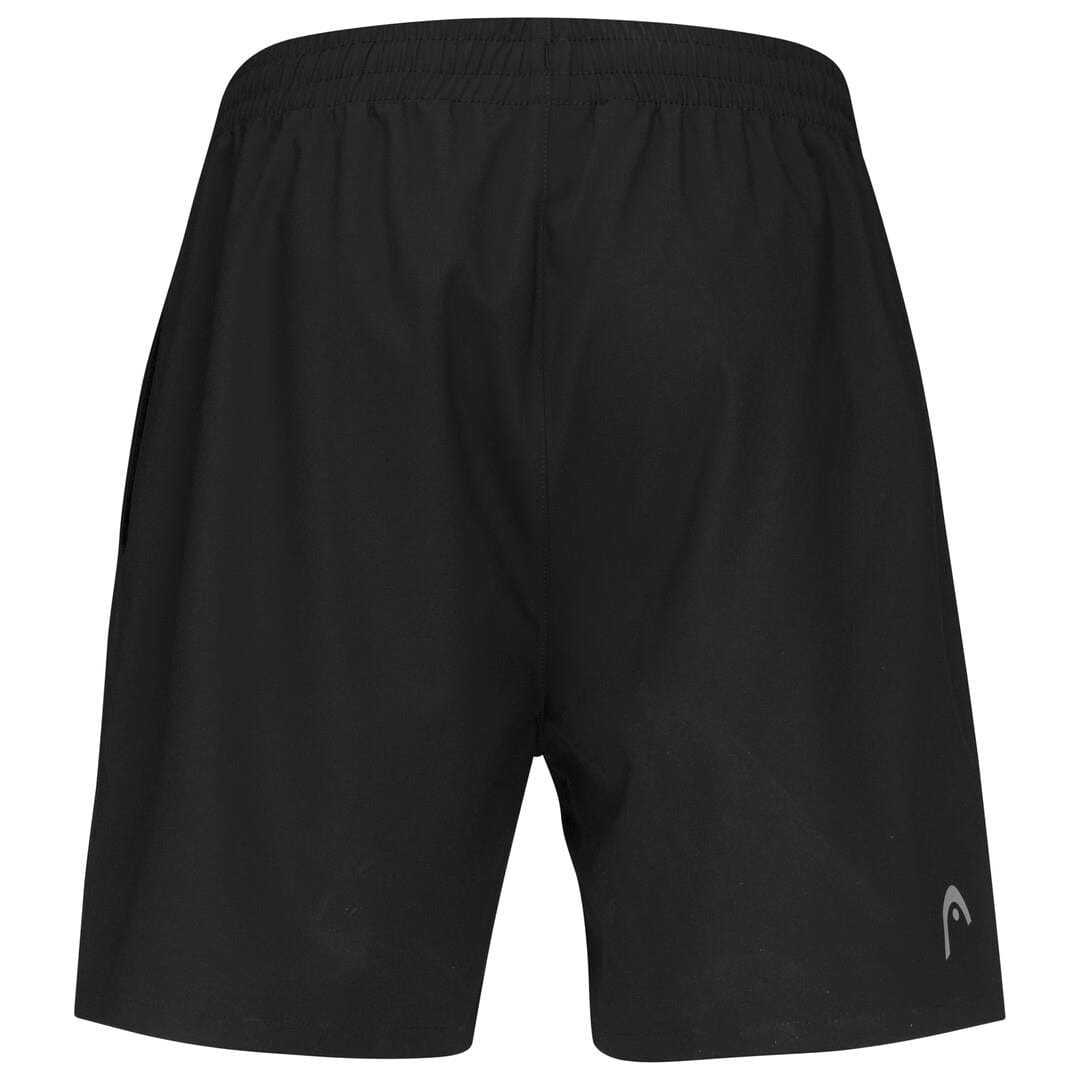 The HEAD Club Men's Tennis Shorts in black are shown from the back, highlighting an elastic waistband and a small logo in the lower corner. Made with lightweight fabric and enhanced by MXM Technology, these shorts are perfect for tennis and other athletic pursuits.