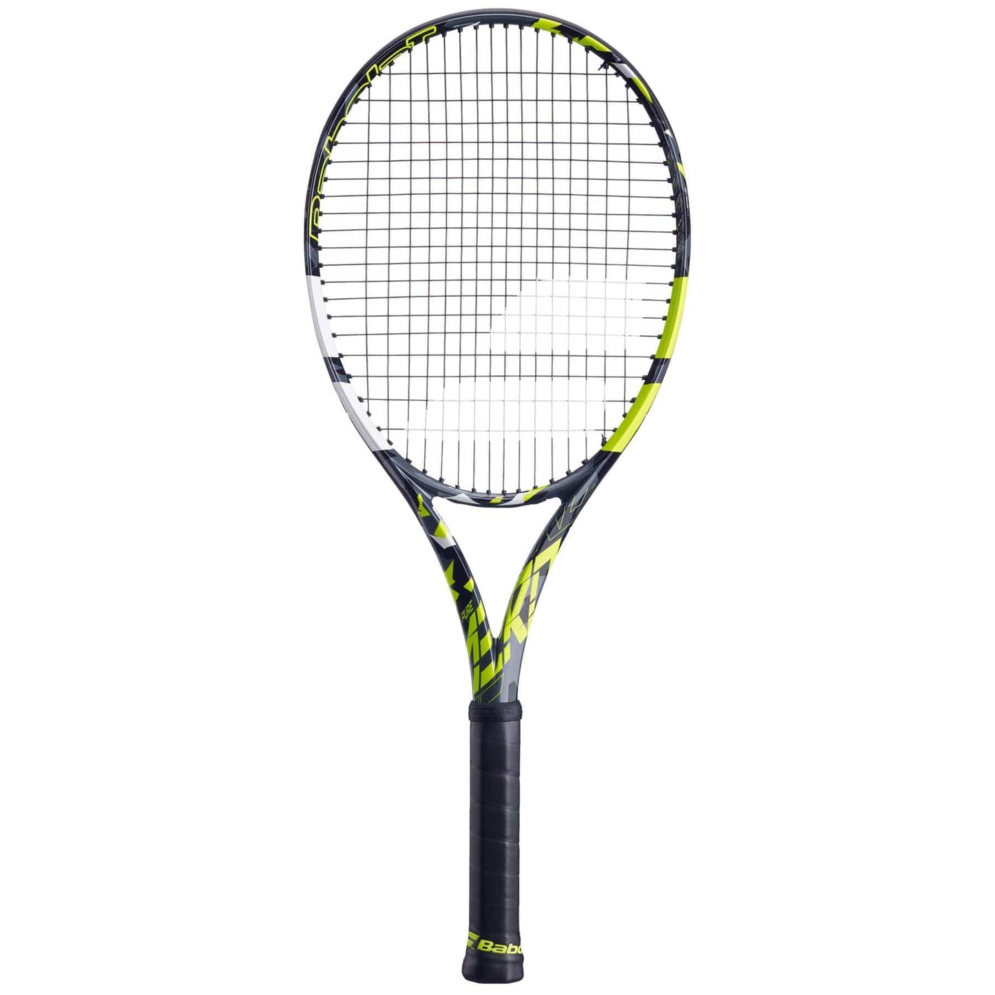 The Babolat Pure Aero + 2023 tennis racket showcases a bold grey and yellow frame, accentuated by its stringing and finished with a sleek handle. It's crafted by Babolat to be the ultimate spin machine, perfect against a clean white backdrop.