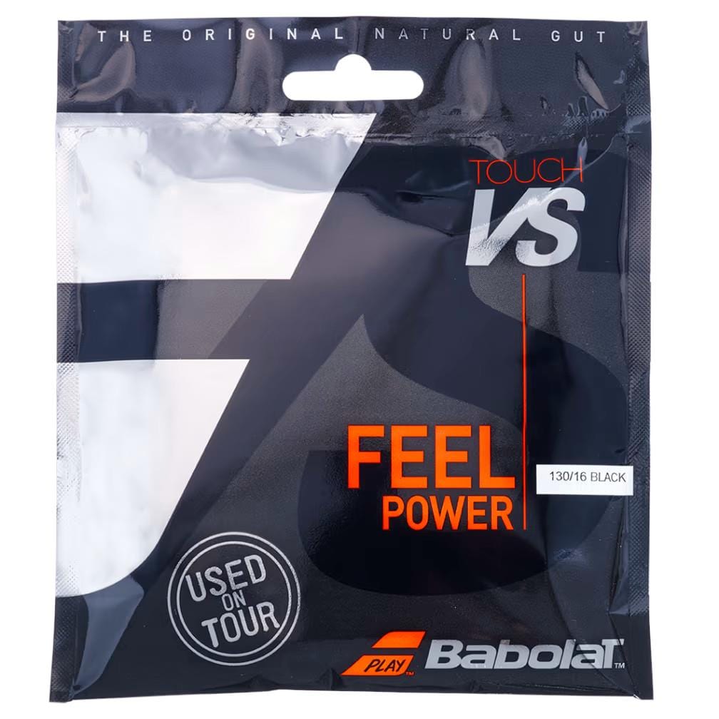 The Babolat Touch VS Natural Gut Tennis String Set - Black, from the renowned brand Babolat, delivers the "VS Touch Feel Power" for players desiring both comfort and power on the court. The product's sophisticated black packaging, accented with white and orange text, boasts "Used on Tour." This string set features a 130/16 gauge in a timeless black finish.
