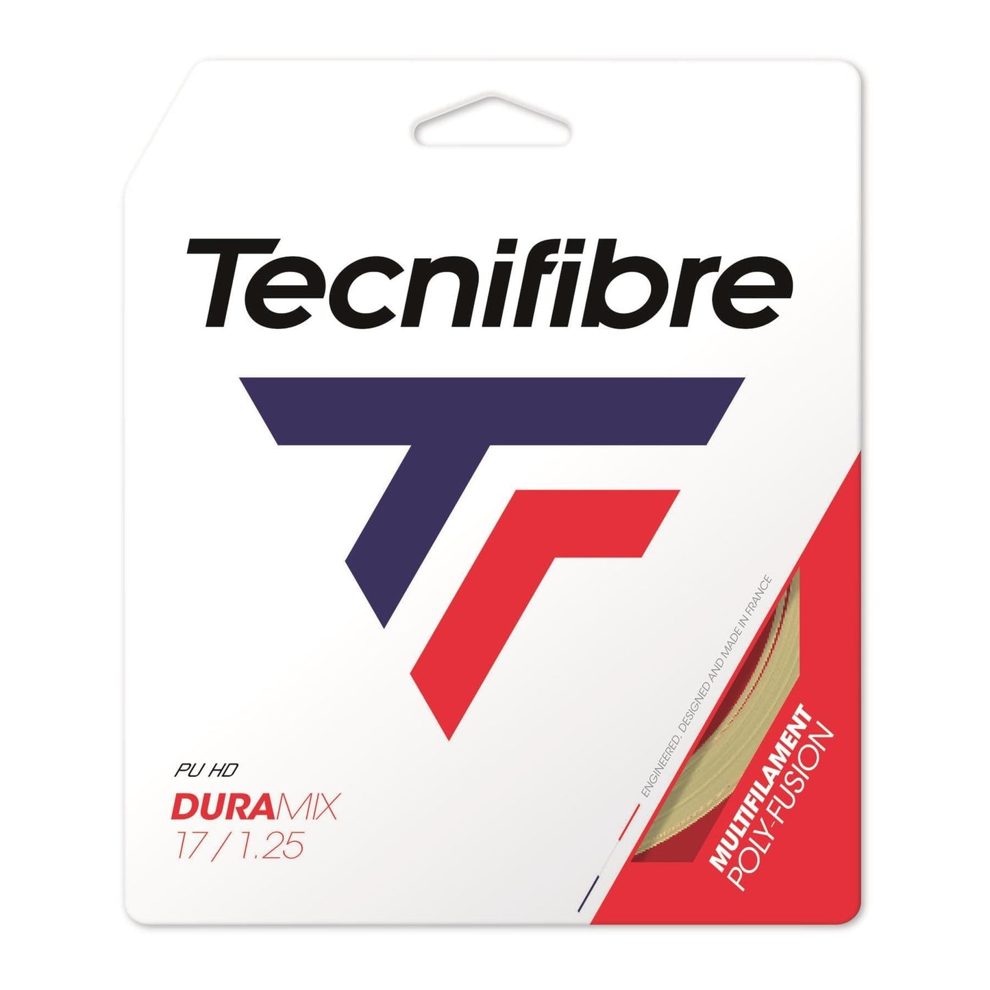 The packaging of the Tecnifibre Duramix HD 12m Tennis String Set - Natural prominently displays the red and blue Tecnifibre logo on a crisp white background, with strings labeled "Duramix HD" and "17 / 1.25," along with the words "Multifilament Poly-Fusion.