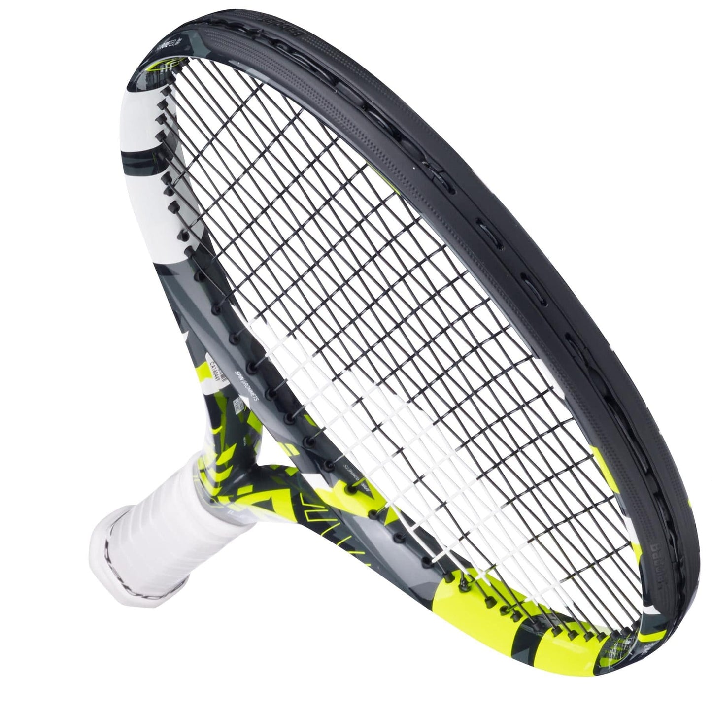 A close-up of the Babolat Pure Aero Lite 2023 tennis racket from Babolat shows off its grey and yellow frame, complete with white strings and a white grip. Designed with FSI Spin Technology, the racket is positioned against a plain white background.