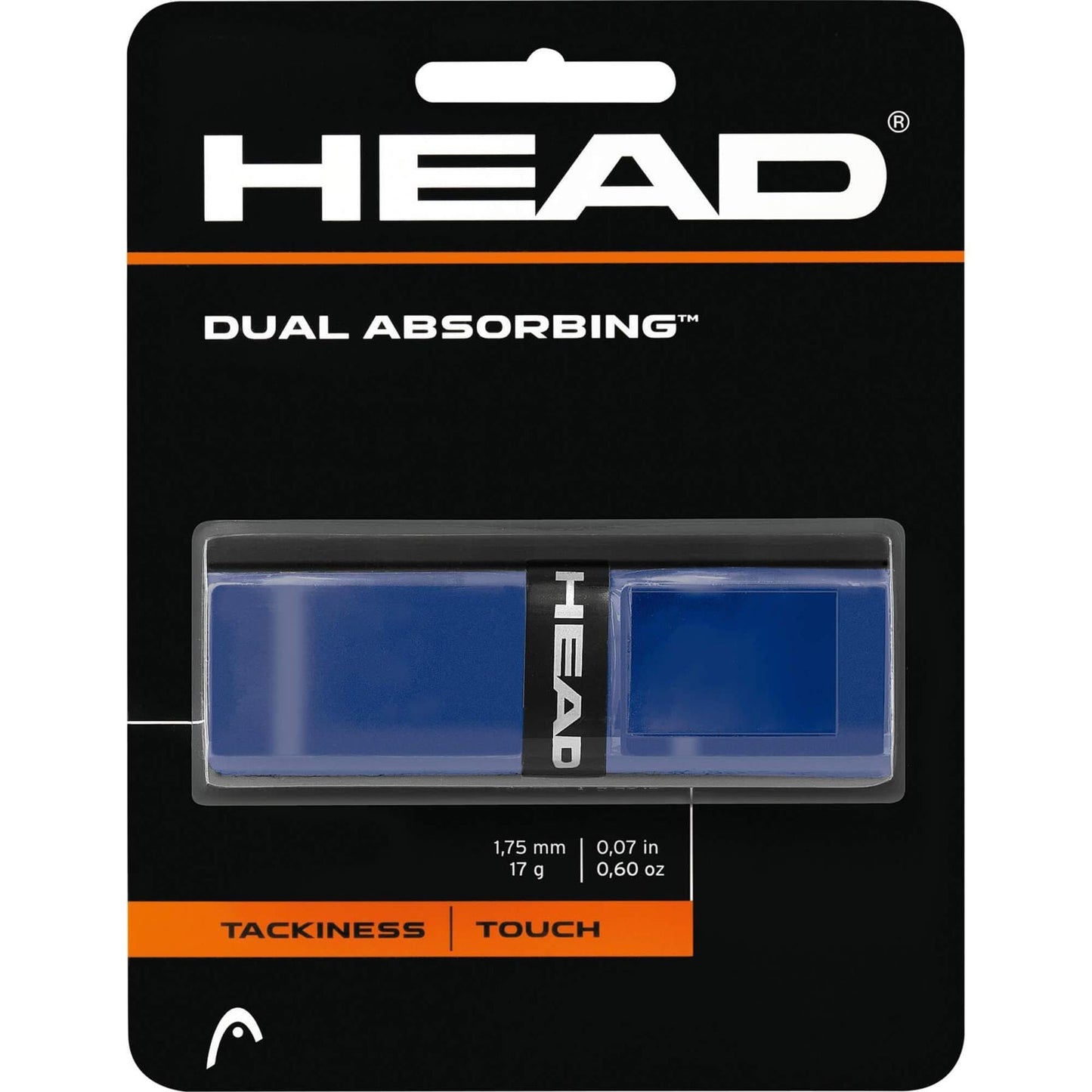 The HEAD Dual Absorbing Replacement Tennis Grip in blue accentuates its tacky texture, featuring a thickness of 1.75 mm and a weight of 17 g. Its dimensions are specified as 0.07 inches and 0.60 oz, making it an excellent choice for improved grip and touch on the court.