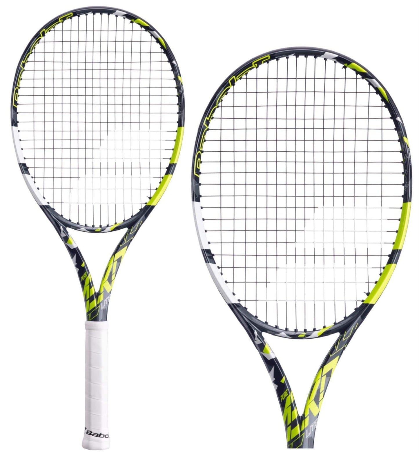 Two Babolat Pure Aero Lite 2023 tennis rackets are displayed with a grey and yellow color scheme. One racket is shown vertically, while the other is tilted, showcasing the Babolat logo and FSI Spin Technology on the strings and frame. The handles feature white grip tape.