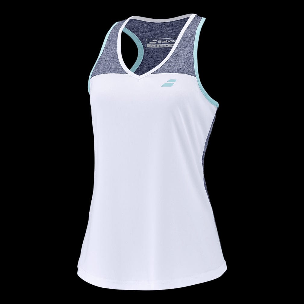 Introducing the Babolat Play Women's Tennis Tank Top in White and Blue Heather. Crafted by Babolat, this stylish piece is made from Fiber Dry-polyester, featuring a sleeveless racerback design adorned with navy and light blue accents. A small logo on the chest enhances its appeal, making it ideal for active days when displayed against a sleek black background.