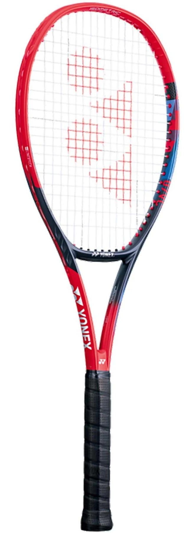 The Yonex VCORE 95 2023 Tennis Racket, intended for advanced players, features a sleek scarlet frame adorned with a sophisticated pattern and equipped with a black grip. Its stringing showcases an iconic logo at the center, enhancing spin and speed with each swing.