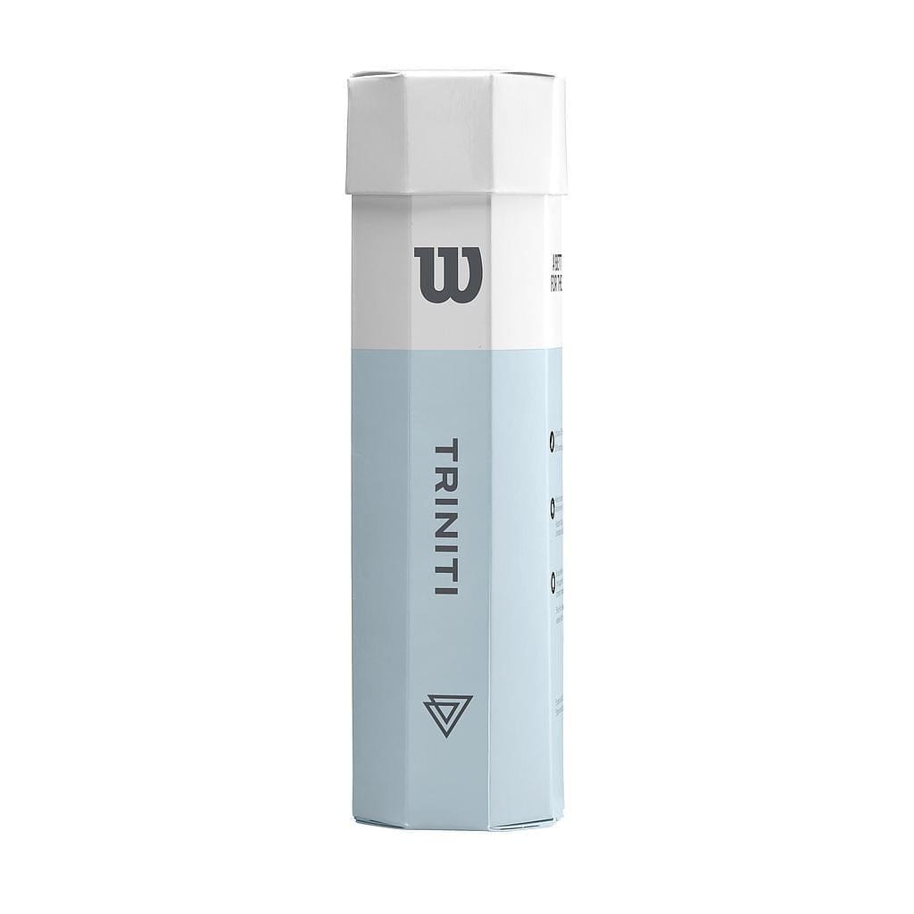 A cylindrical tube with a white top and light blue bottom, adorned with the "TRINITI" label and a stylized "W" logo, is specifically designed for Wilson Triniti Tennis Balls. This packaging is recyclable and reflects the commitment to sustainable tennis products.