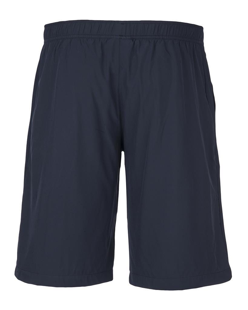 A pair of navy blue Dunlop Club Line men's woven tennis shorts, crafted with a polyester-spandex blend and featuring an elastic waistband for an adjustable fit, displayed against a white background.