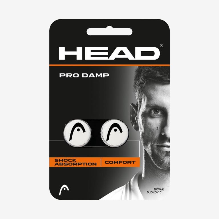 The HEAD Pro Damp Tennis Dampener - White, engineered by HEAD, offers effective vibration reduction and enhanced comfort, with two white dampeners showcasing black logos. The packaging features part of a tennis player's face on the right side, indicating a promise of comfortable hitting.