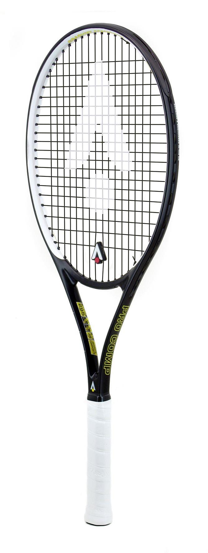 The Karakal Pro Composite Tennis Racket - Black / White by Karakal features a sleek black and white frame, complemented by a white grip and yellow accents. Constructed from durable graphite composite, it's designed for beginner to intermediate players. The strings include a distinctive white logo at the center, adding an extra touch of style.