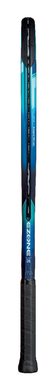 The Yonex EZONE 26 Tennis Racket - Sky Blue showcases a vibrant sky blue and black design with the Yonex brand name along the side. This all-graphite junior racket is equipped with a textured black grip and Vibration Dampening Mesh to ensure smoother swings.