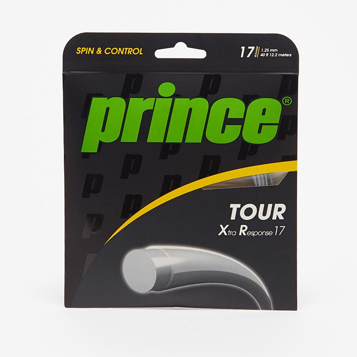 The image showcases the packaging of Prince Tour XR Silver String Set, recognized for its spin and control capabilities. Featuring a sleek black package with a green logo and yellow accents, it prominently displays "Spin & Control" at the top left along with the gauge size "17," making it perfect for powerful hitters.