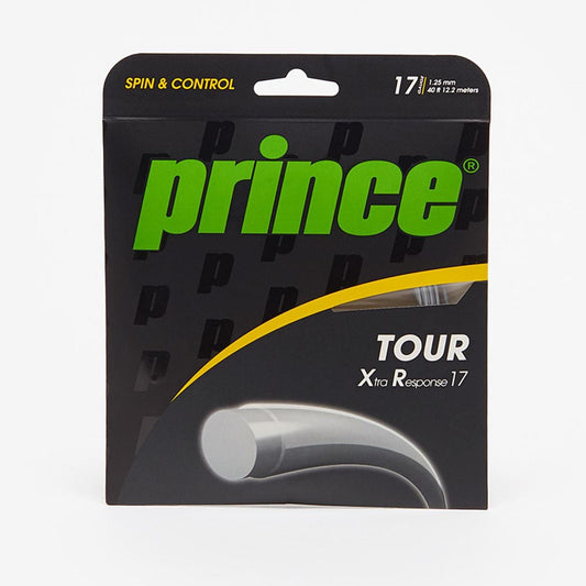 The image showcases the packaging of Prince Tour XR Silver String Set, recognized for its spin and control capabilities. Featuring a sleek black package with a green logo and yellow accents, it prominently displays "Spin & Control" at the top left along with the gauge size "17," making it perfect for powerful hitters.