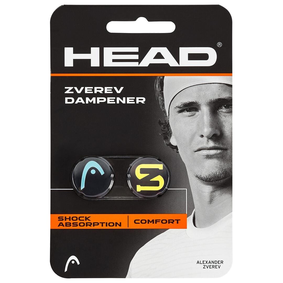 The packaging for the HEAD Zverev Tennis Dampener (2 Pack) - Blue / Yellow includes two dampeners made of silicone and rubber, each adorned with logos highlighting shock absorption, comfort, and arm protection. The right side of the package features an image of a man wearing a headband.