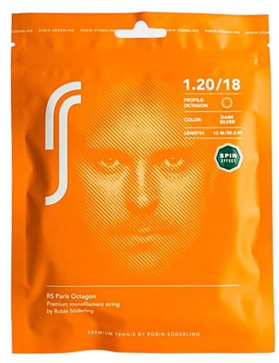 The RS Paris Tennis String by Robin Soderling comes in an orange package, highlighting its unique octagon profile and spin potential. Sleek in dark silver, the strings are available in a set measuring 12m/40ft, with a subtly visible stylized face in the background.