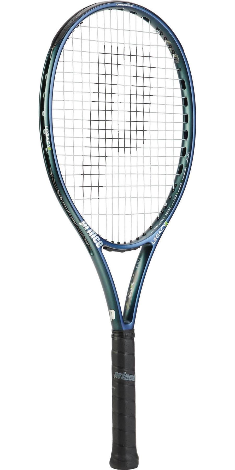 A Prince O3 Legacy 110 270g tennis racket in blue and black, showcasing a lattice string pattern, is equipped with a black grip handle and TeXtreme technology to boost stability. The stylish design and generous sweetspot make the branding on its frame pop against the plain white background.